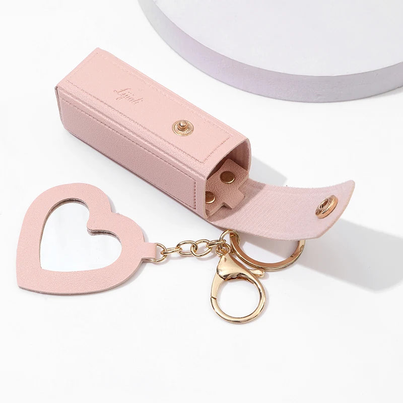 Kawaii Leather Lipstick Keychain Pouch 💄✨ - Cute Makeup Holder with Mirror & Zipper Closure! 👜💕