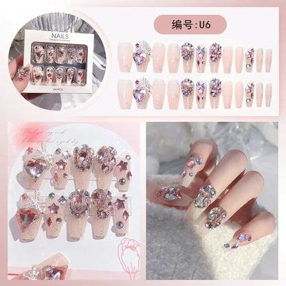 Kawaii Bunny Blossom 🌸✨ 24pcs Pink Flower Rhinestone Coffin Press-On Nails - Acrylic Nail Art for a Cute Touch! 🐰💖