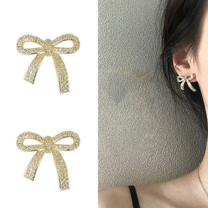 Kawaii Crystal Bowknot Stud Earrings 🌟✨ Cute Golden Fashion Jewelry Gift for Women 🎀💕