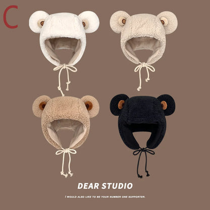 women's winter hat 2023 Fashion Solid Beanies Cute Bear Ears Warm Hat Windproof Cap Earflap hat Lamb hair Cap Female Hat Present