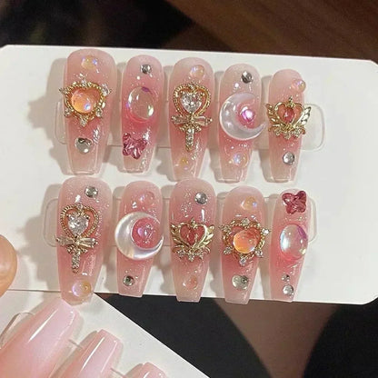 Kawaii 3D Press-On Nails Set 💖✨ - 10Pcs with Love Hearts, Moon, Butterfly & Rhinestones 🌙🦋 - Perfect for Nail Art Lovers!