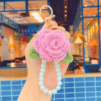 Fluffy Knit Rose Keychain Crochet Flower Pendant With Pearl Wrist Strap 🎀🌸🧶