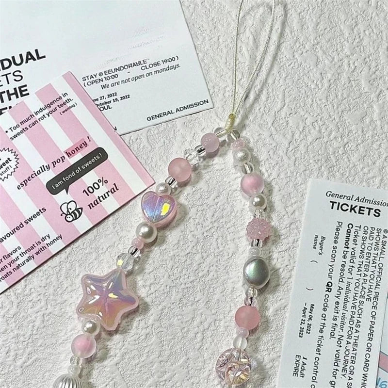 Korean Y2K Pink 3D Star Beaded Phone Lanyard Charm For All Phones 📱💗