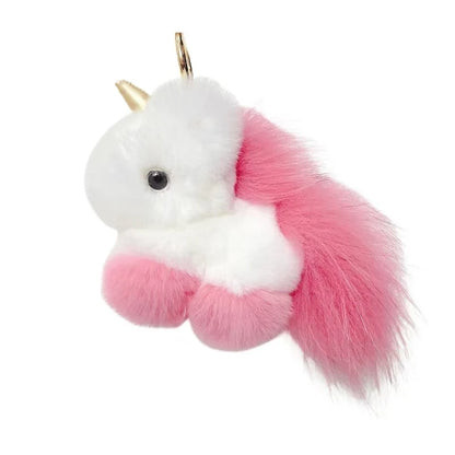 Kawaii Fluffy Unicorn Keychain Charm 🦄✨ Real Rabbit Fur Backpack Clip & Handbag Accessory for Girls & Women