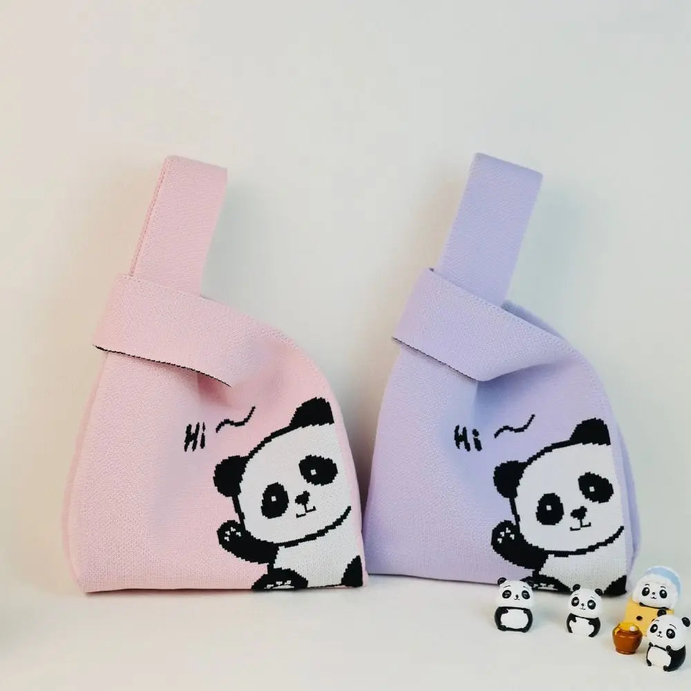 🐼 Adorable Panda Knit Tote 👜 Handmade High-Capacity Wrist Bag for Students ✨ - Pixie Quill