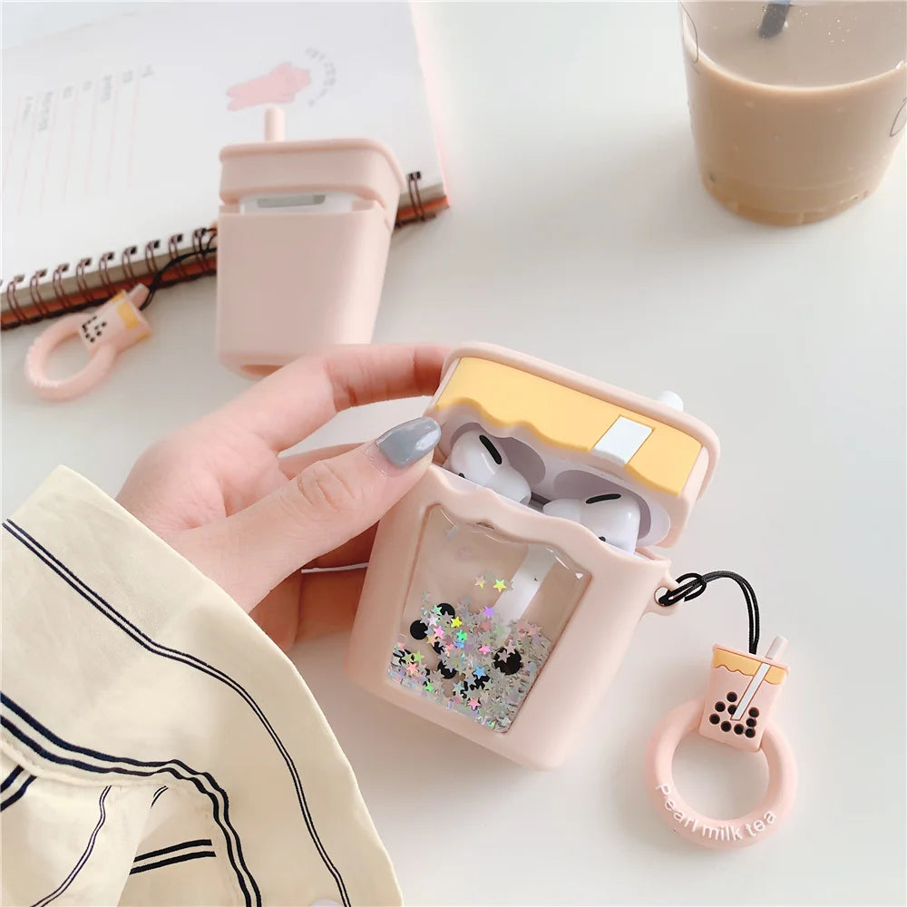 Kawaii Quicksand Glitter Bubble Milk Tea AirPods Pro Case 🌟🍵 | Cute 3D Silicone Cover for Wireless Earphones 🎧✨