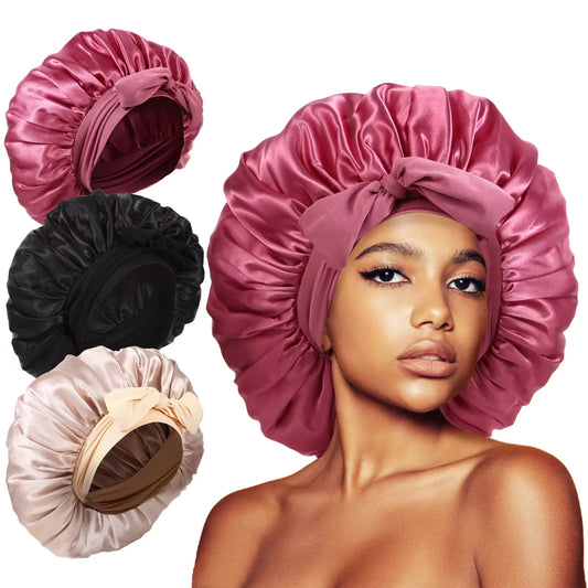 Kawaii Satin Sleep Cap 🌙✨ | Cozy Large Bonnet for Curly Hair 💖 | Stretchy Turban & Shower Cover 🌸