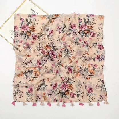 Floral Tassel Shawl For Women Sun Shield Wrap 180x90cm Cotton Viscose Hijab 🌸🧣