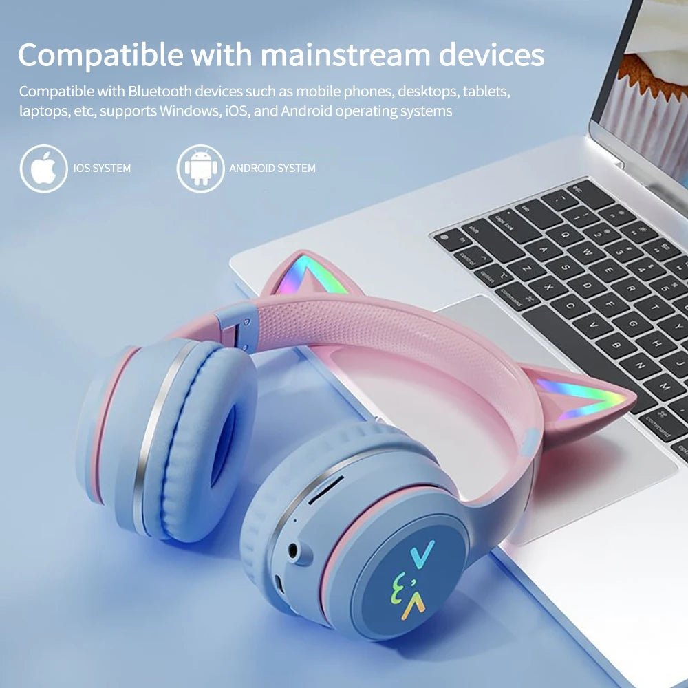 ✨ Kawaii Cat Ear Bluetooth Headphones 🎧 | RGB Glow Wireless Earphones for Kids & Teens 🎶 | Cute Stereo Sound & Mic 🐾