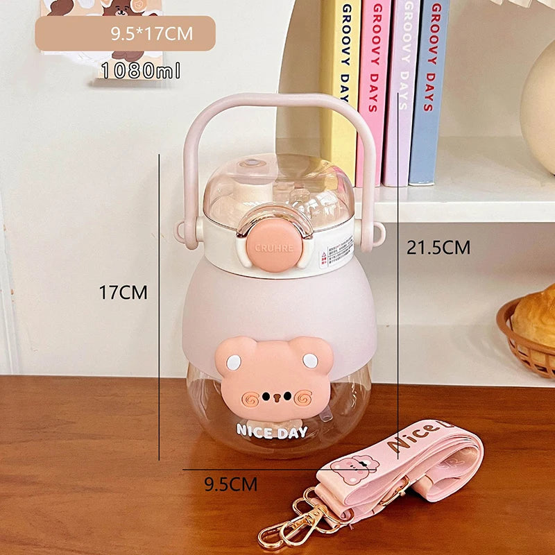 Adorable Bear 1080ml Water Bottle 🐻💖 - Fun & Functional BPA-Free Drink Buddy for Kids with Straw & Strap! 🌈✨ - Pixie Quill
