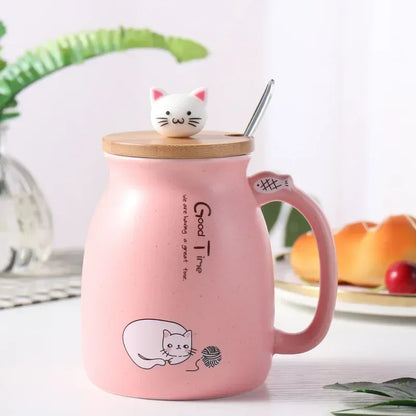 Kawaii Cat Ceramic Mug with Wooden Lid & Spoon 🐾💕 | Adorable Heat-Resistant Drinkware for Milk, Yogurt & More! 🍶✨