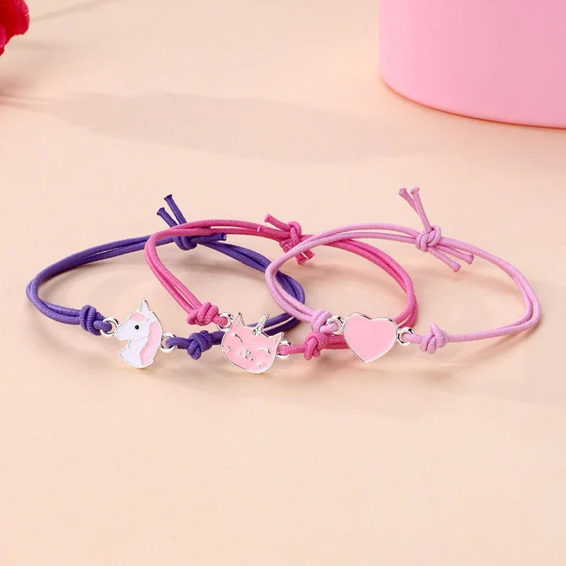 Kawaii Charm Bracelet Set 🌈💕 | 3Pcs Braided Unicorn, Heart & Star Accessories for Kids 🎀✨