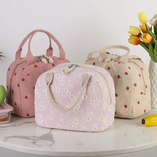 Kawaii Corduroy Lunch Bag 🌼🍓 | Insulated & Spacious Tote for Women, Girls & Kids - Perfect for Work, Travel & Picnics!