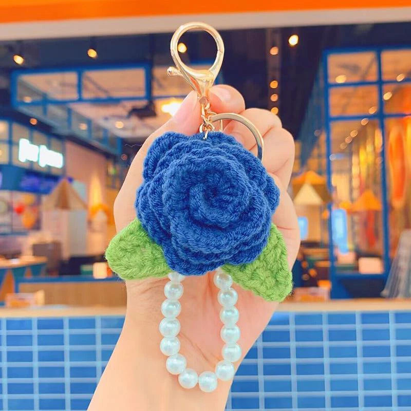 Fluffy Knit Rose Keychain Crochet Flower Pendant With Pearl Wrist Strap 🎀🌸🧶