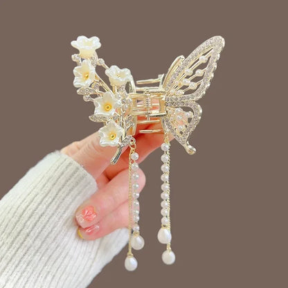 Kawaii Butterfly Pearl Hair Claw 🌸✨ | Cute Red Flower Hairpin for Girls & Women 🎀 | Perfect Festival & Party Accessory!