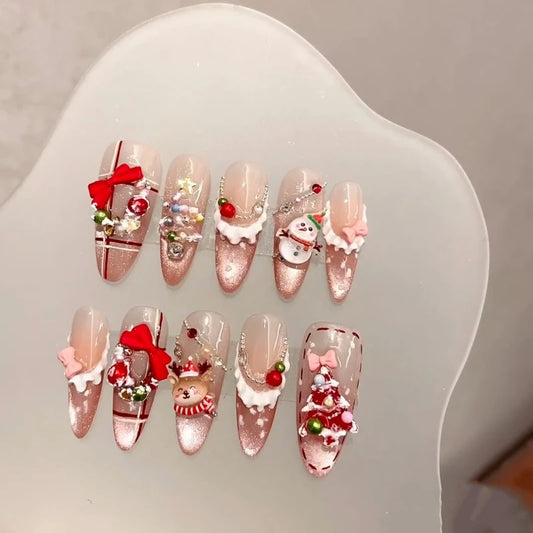 Kawaii Christmas Nail Set 🎄💅 | 10pcs Red 3D Bow & Snowman Press-On Nails for Festive Fun! ✨