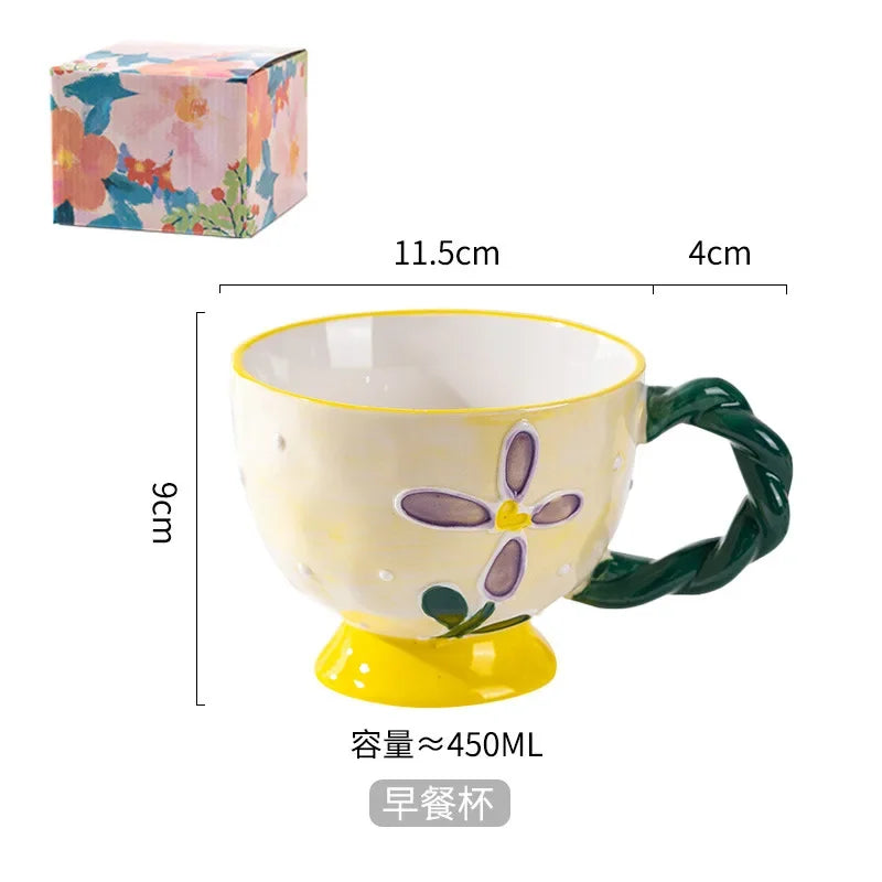 Charming Kawaii 450ml Hand-Painted Ceramic Mug ☕️✨ Cute Breakfast Oatmeal Cup for Joyful Mornings! 🎉