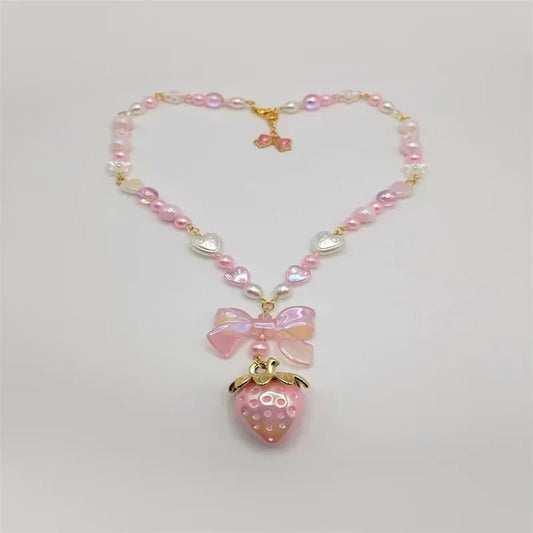 Kawaii Strawberry Bow Choker Necklace 🍓✨ | Pink & White Pearl Heart Charm | Fairycore Aesthetic 💖