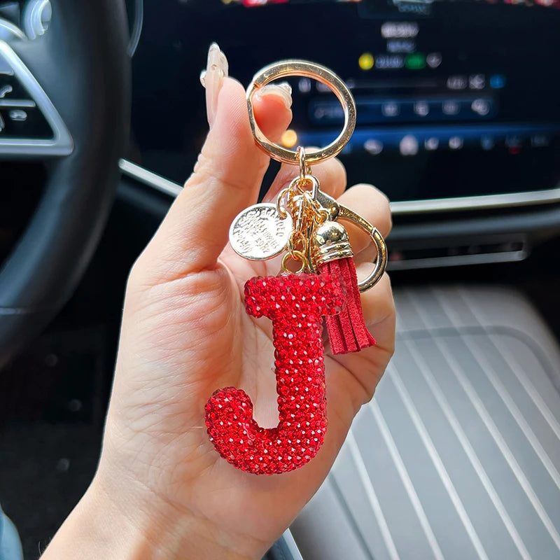 Red English Letter Car Keychain With Diamond Bag Pendant 🗝️💎✨