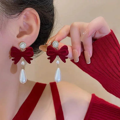 Charming Wine Red Bow Pearl Tassel Earrings 🎀🌟 | Kawaii 2024 Bridal Jewelry ✨