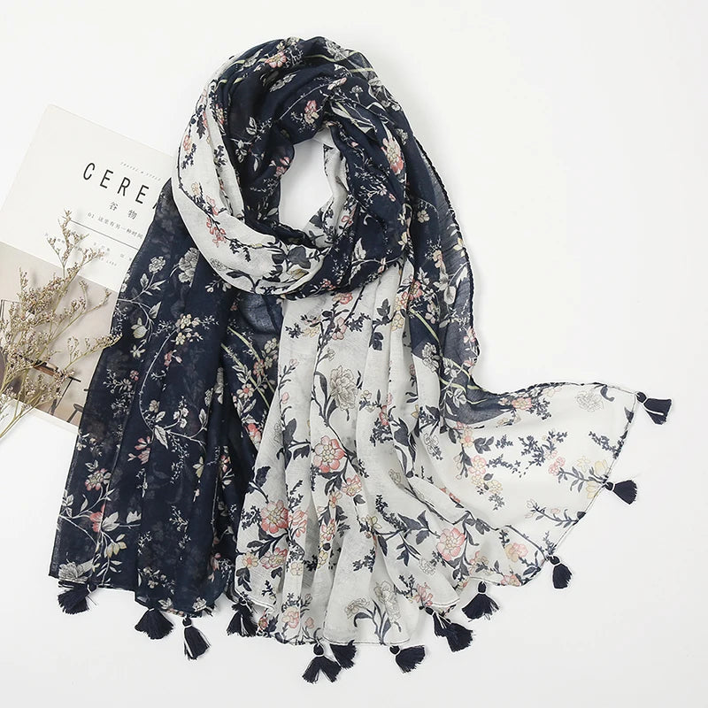 Floral Tassel Shawl For Women Sun Shield Wrap 180x90cm Cotton Viscose Hijab 🌸🧣