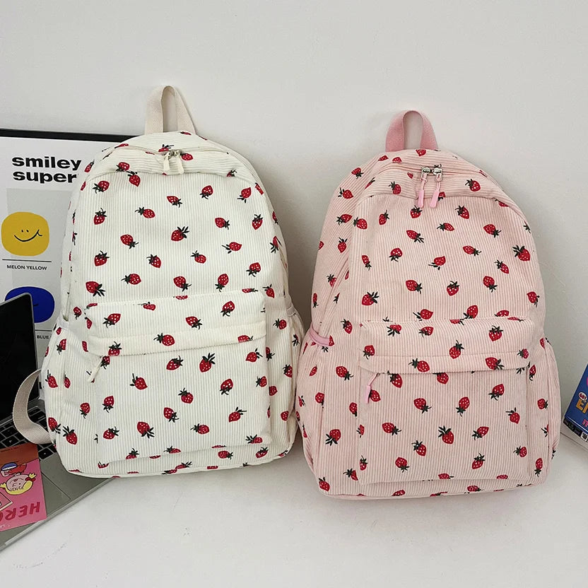 Women Kawaii Strawberry Pattern Backpacks with Pendant Corduroy School Knapsack Multi-pockets Students Daily Schoolbags Mochilas - Pixie Quill