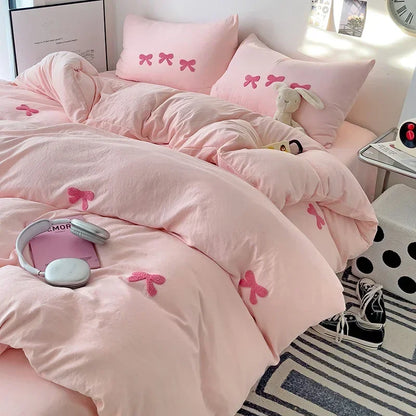 Whimsical Pink Bow Duvet Set 🌸✨ - Enchant Your Bedroom with 3D Embroidery & Cozy Comfort! 💤💖