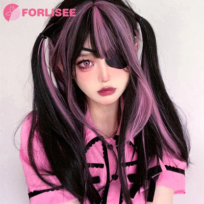 Kawaii Magic! 🌸✨ FORLISEE Black & Pink Long Straight Wig with Bangs - Perfect for Cosplay & Sweet Lolita Looks! 💖🎀