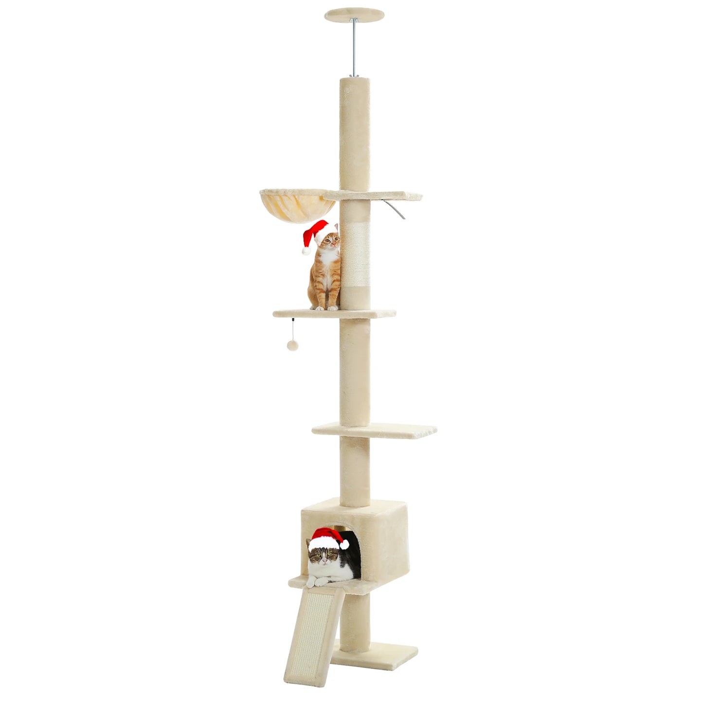 Floor to Ceiling 5 Tiers Cat Tree Tower Cat Climbing Tree Adjustable Height  for Indoor Cats with Condo Scratching Post Ladders