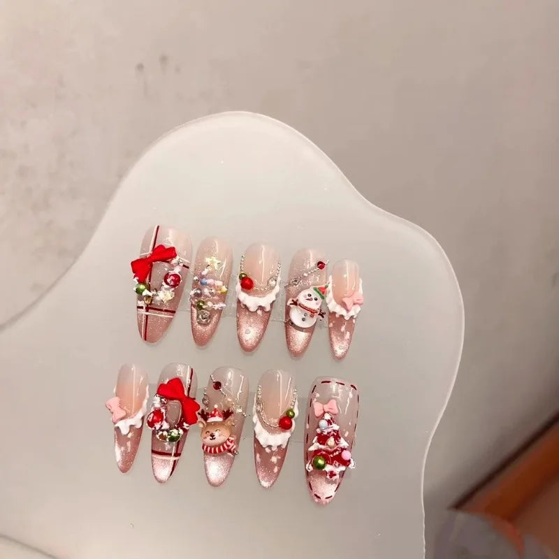 Kawaii Christmas Nail Set 🎄💅 | 10pcs Red 3D Bow & Snowman Press-On Nails for Festive Fun! ✨