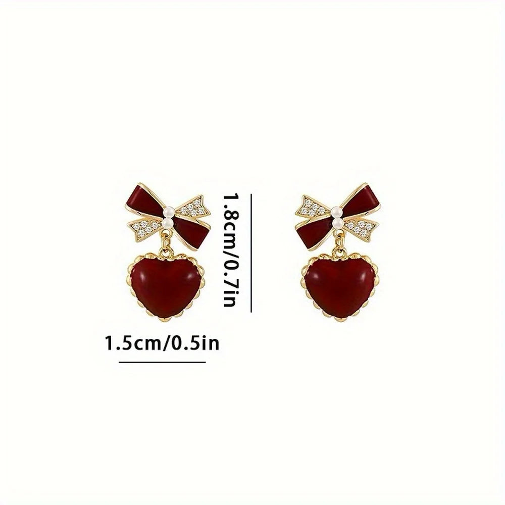 Adorable Kawaii Red Bow & Heart Dangle Earrings ❤️🎀 | Cute Party Jewelry Gift for Women & Girls ✨