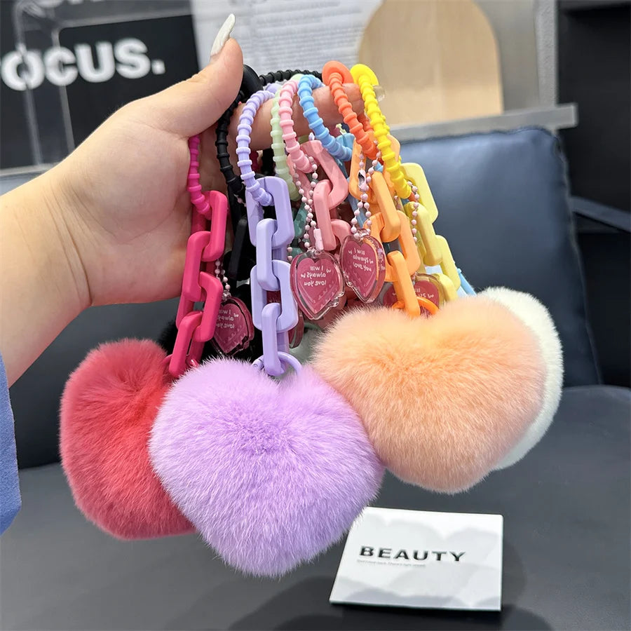 Kawaii Heart Rabbit Fur Keychain 🐰💖 | Adorable Fluffy Bag Charm for Women & Girls 🎀✨