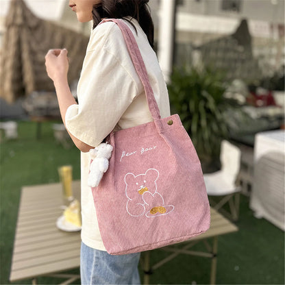 Kawaii Bear Corduroy Tote Bag - Whimsical and Foldable Shopping Companion! 🐻✨