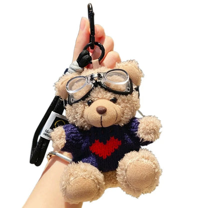 Pilot Bear Keychain With Goggles Plush Pendant Pearl Rope Accessory 🧸🪢