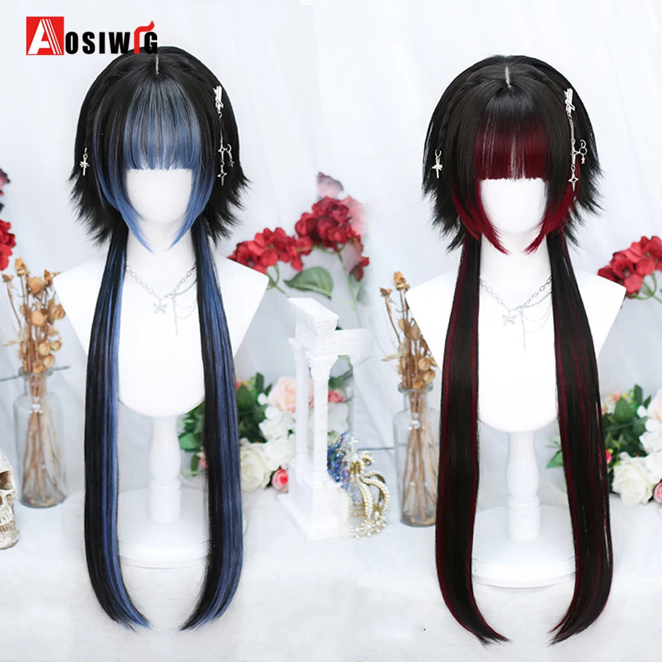 Kawaii Black & Blue Long Straight Lolita Wig 💖✨ Perfect for Cosplay & Parties! 🎉🎀