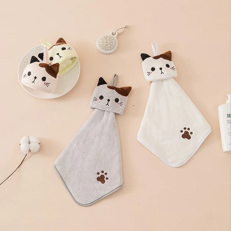 Adorable Kawaii Cat Hand Towels 🐾✨ - Soft & Absorbent Coral Velvet Kitchen Dishcloths! 🧼💖