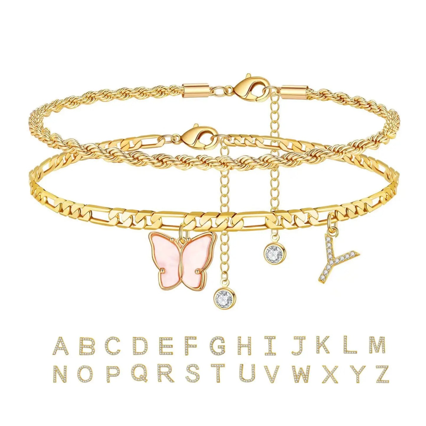 Kawaii 2Pcs Stainless Steel Initial Anklet Set 🌼✨ | 26 Letter Acrylic Butterfly Charm Foot Jewelry 🦋💖