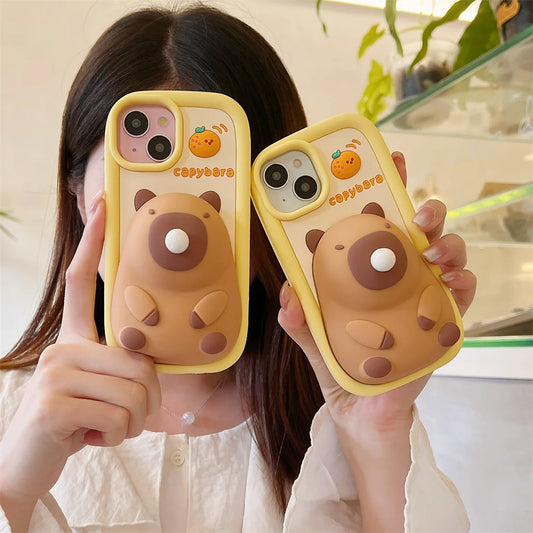 Adorable Kawaii Capybara Squishy Phone Case for iPhone 15/14/13/12/11 Pro Max 🐾💖 – Soft Silicone Bubble Blower Protection!