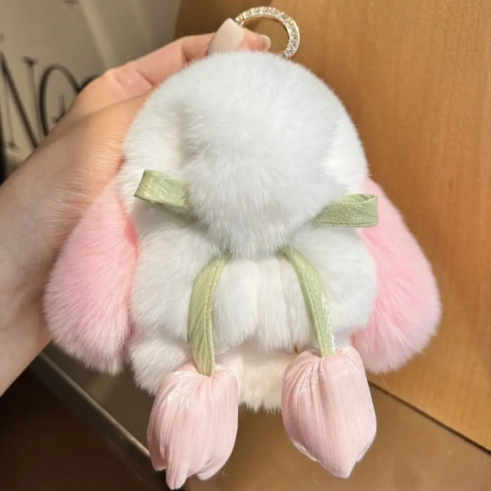 Fashion Tulips Rabbit Fur Keychain Alloy Ring Bag Charm Plush Bunny Pendant 🐰✨