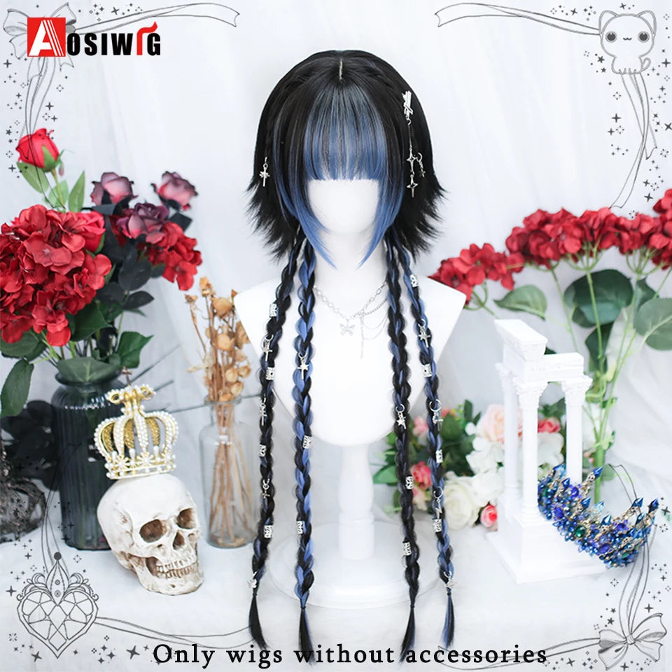 Kawaii Black & Blue Long Straight Lolita Wig 💖✨ Perfect for Cosplay & Parties! 🎉🎀