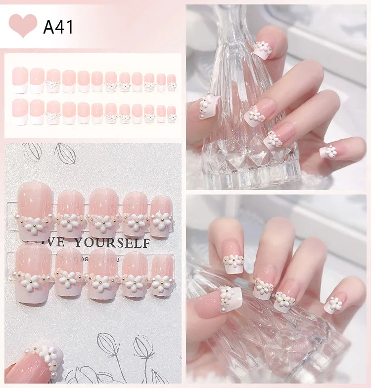 Kawaii Bunny Blossom 🌸✨ 24pcs Pink Flower Rhinestone Coffin Press-On Nails - Acrylic Nail Art for a Cute Touch! 🐰💖