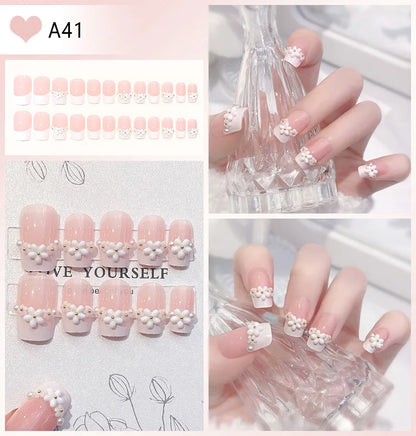 Kawaii Bunny Blossom 🌸✨ 24pcs Pink Flower Rhinestone Coffin Press-On Nails - Acrylic Nail Art for a Cute Touch! 🐰💖