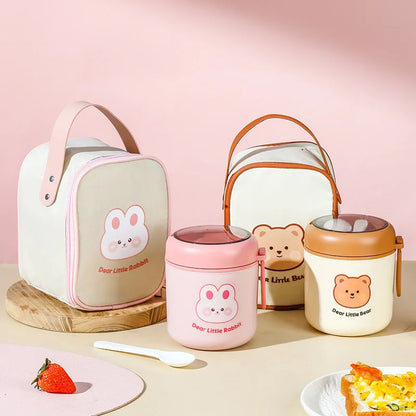 Kawaii 530ml Stainless Steel Lunch Box 🐰🐻 Insulated Bento Box for Kids | Cute Rabbit & Bear Thermal Soup Cup 🌟✨