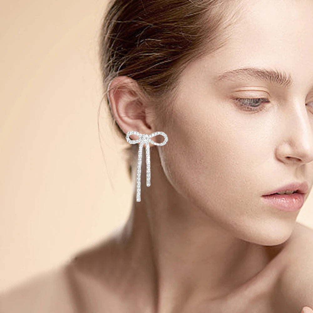 Kawaii Charm ✨ Colorful Rhinestone Bow Dangle Earrings with Long Tassels 🌈 Cute Sparkly Jewelry for Women