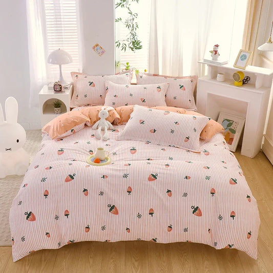 Adorable Strawberry Dreams Reversible Kawaii Bedding Set 🍓✨ Soft Cotton Duvet Cover with Pillowcases