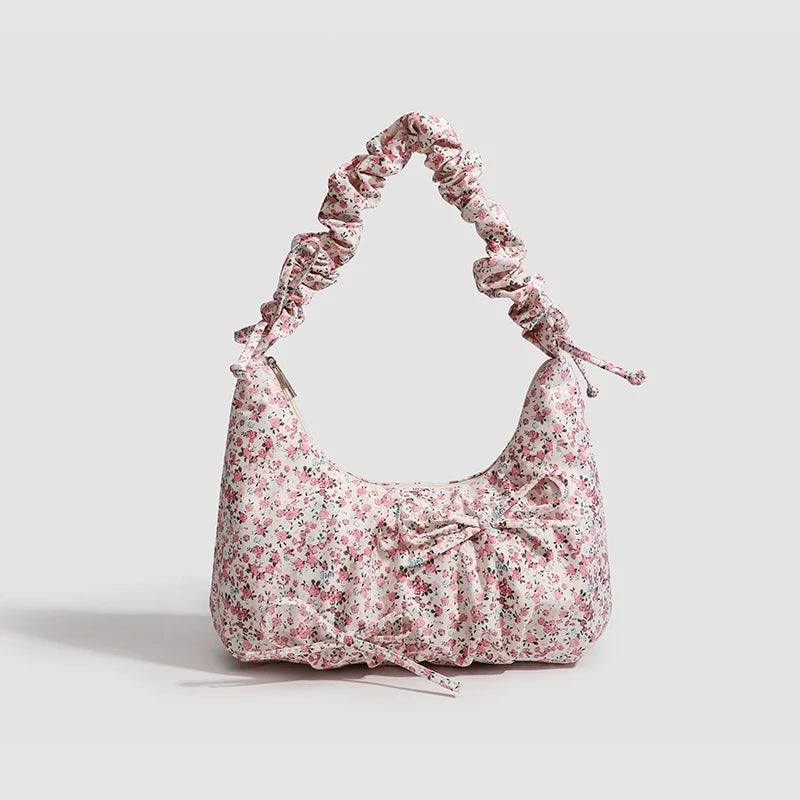 Kawaii Floral Canvas Rouched Handbag with Bow Decoration🌸✨