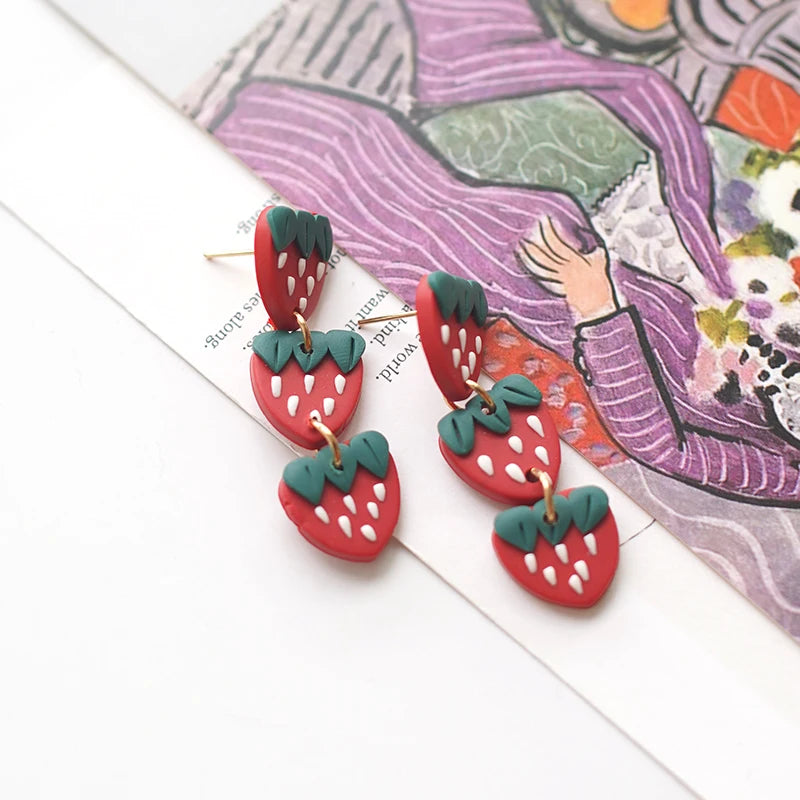 Pastel Fruit Heart Clay Earrings Set Lightweight Dangle for Summer 🍓💖