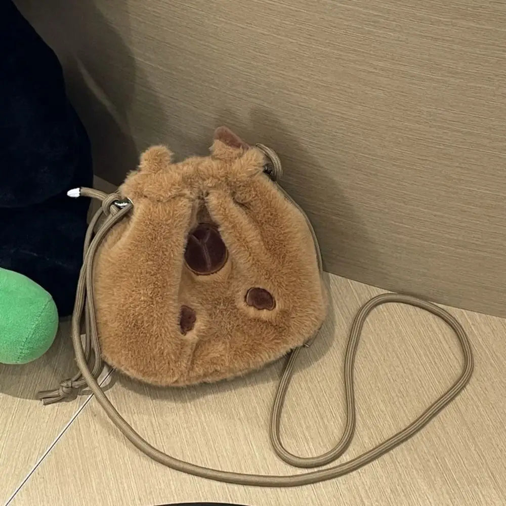 Kawaii Capybara Plush Crossbody Bag 🐾✨ | Cute Drawstring Bucket Pouch for Phone & Coins 🎒💖