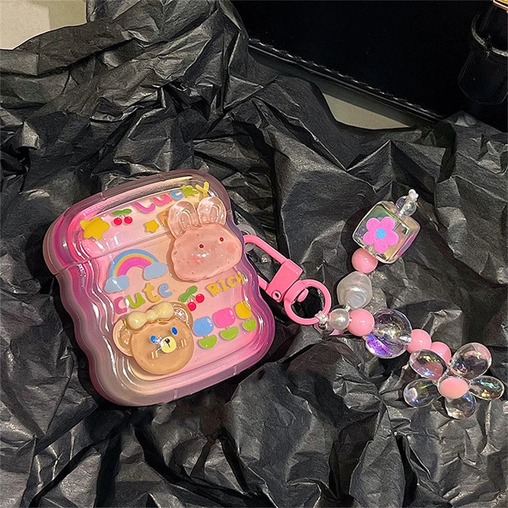 🐰✨ Adorable 3D Bunny & Bear AirPods Case with Wavy Border & Flower Beads 🌸🎧 - Pixie Quill