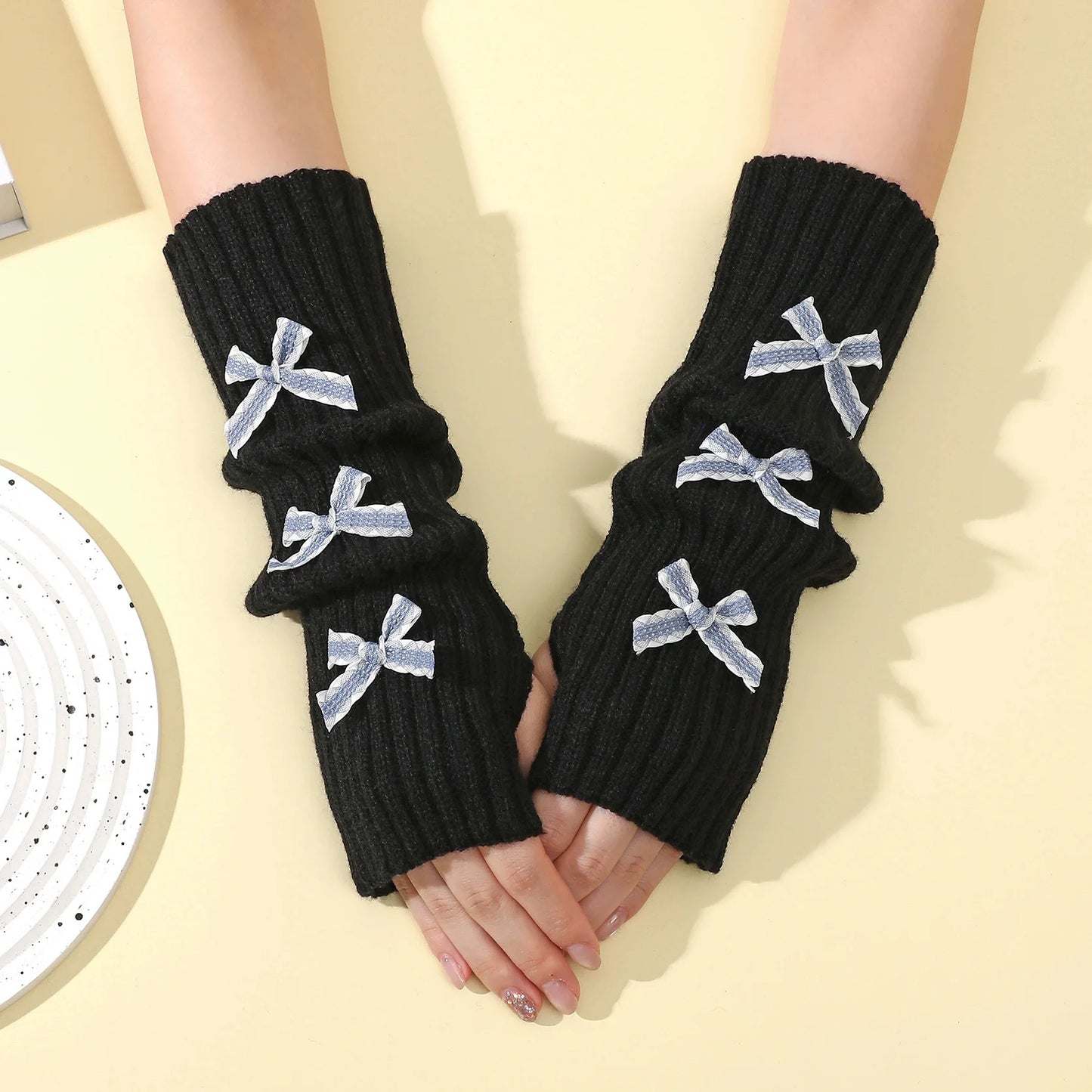 Y2K Bow Fingerless Gloves For Women Knit Arm Warmers Hands Free Winter 😺🧶❄️